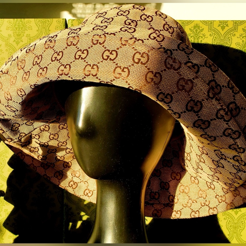 Monogram Wide Large Brim Beige Tan Canvas Bucket Hat Jacquard Sun Coverage New - Picture 11 of 16